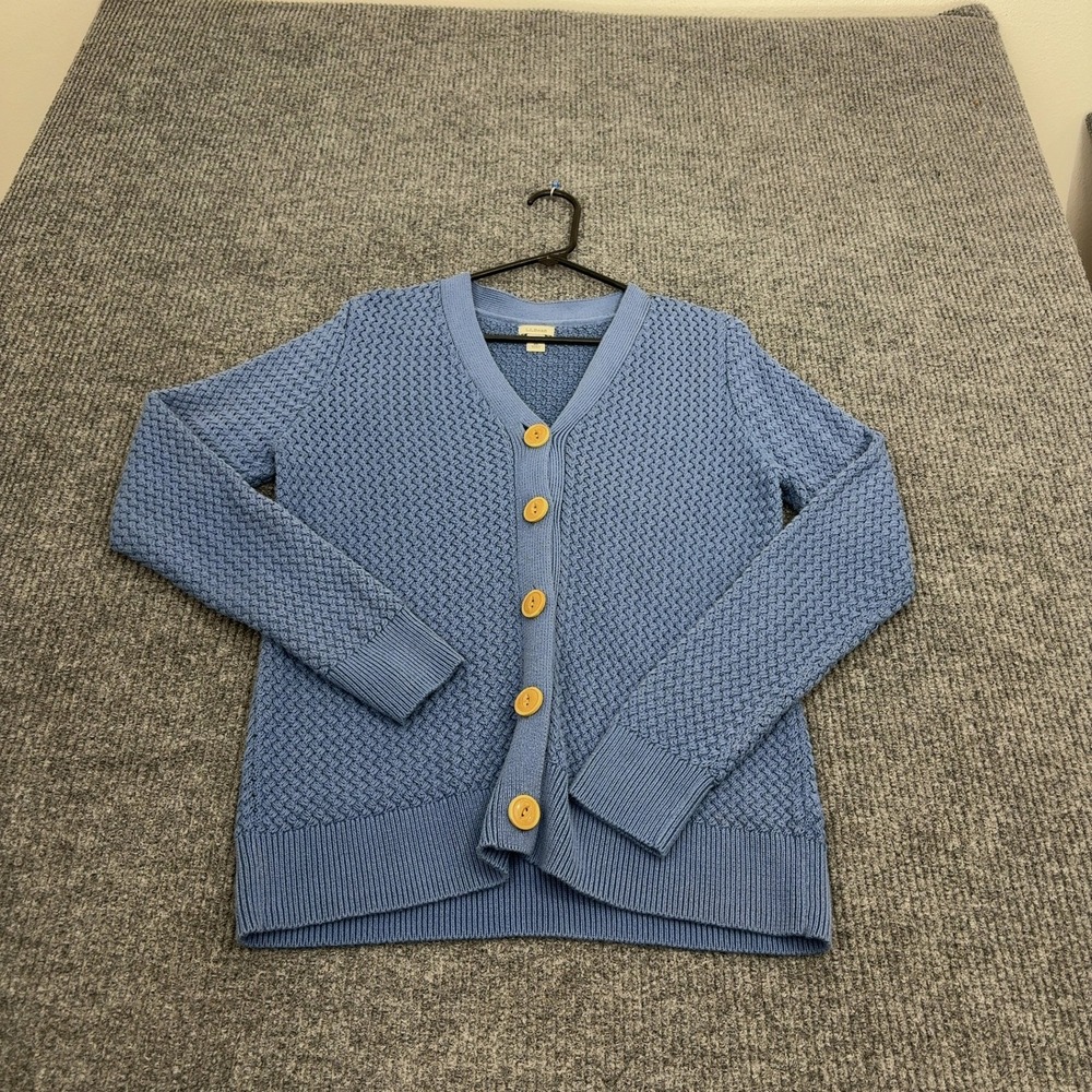 LL Bean Cardigan Womens S Blue Cotton Textured Knit V Neck Button Up Classic